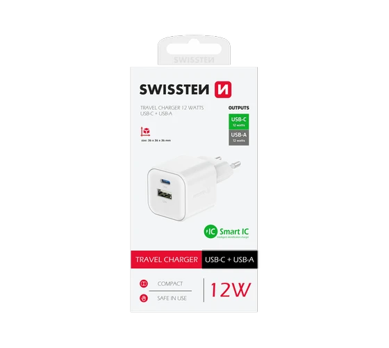 Swissten 12W Smart IC 1x USB-C + 1x USB-A /White