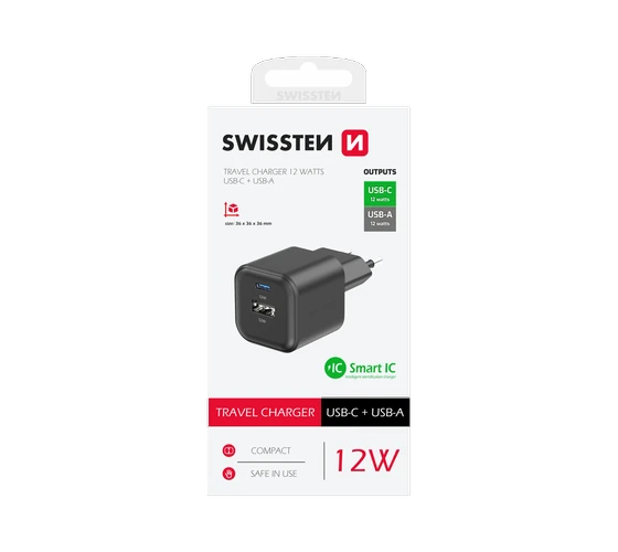 Swissten 12W Smart IC 1x USB-C + 1x USB-A /Black