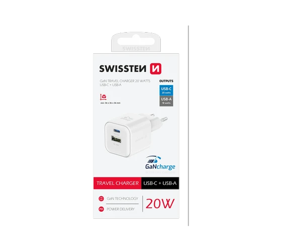 Swissten GaN 20W PD + 18W QC 1x USB-C + 1x USB-A /White