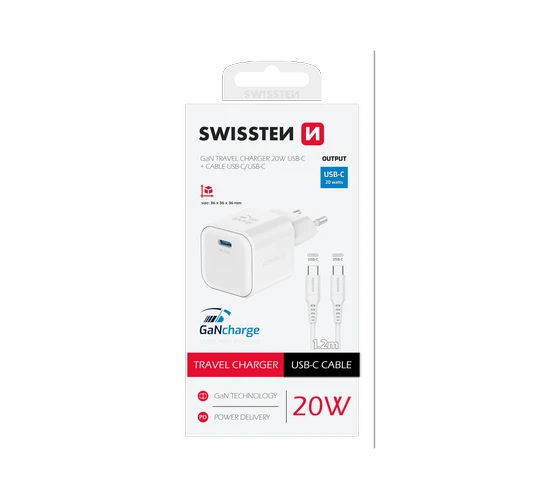 Swissten GaN 20W PD + USB-C cable USB-C/USB-C 1,2M /White