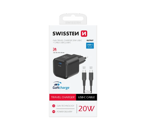 Swissten GaN 20W PD + USB-C cable USB-C/USB-C 1,2M /Black