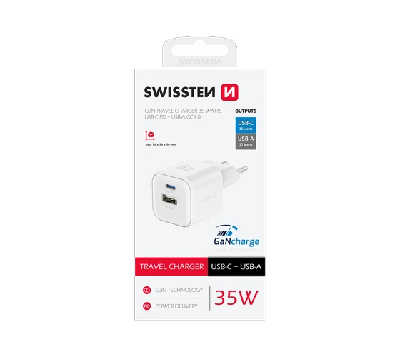 Swissten GaN 35W PD + 27W QC 1x USB-C + 1x USB-A /White