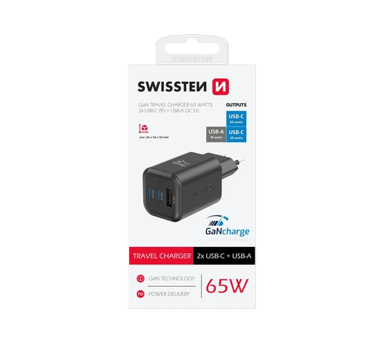 Swissten GaN 65W PD 2x USB-C + 1x USB-A /Black