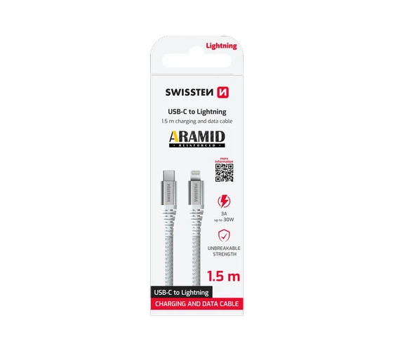 Swissten Aramid USB-C/Lightning 3A (30W) 1,5M /White