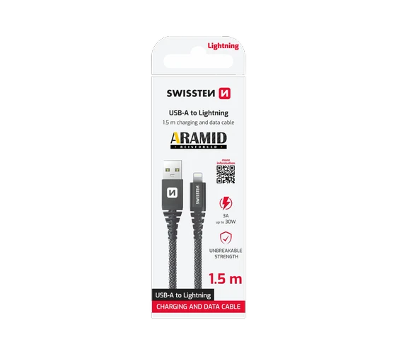 Swissten Aramid USB-A/Lightning 3A (30W) 1,5M /Anthracite