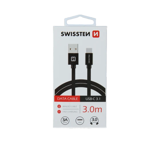 Swissten Textile USB-A/USB-C 3A 3M /Black